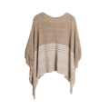 Poncho en maille pour femme avec rayures beige et blanc et longues franges décoratives - Camel