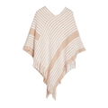 Poncho in maglia a righe beige e bianco con orlo a frange e comodo design con scollo a V - Beige
