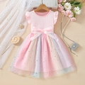 Pink knit top girls princess dress with gradient sequin star tulle and bow - 90 / Pink Rainbow Gradient
