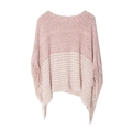 Poncho en tricot rayé rose et beige avec détails de franges et manches chauve-souris - Rose