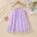 Lilac girls mesh dress with white daisy floral prints and elegant ruffled hem - 90cm / Light Blue