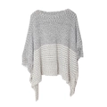 Grey and white striped knit poncho sweater with fringe tassels and a batwing sleeve design - Black
