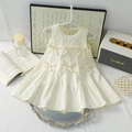 Creamy white sleeveless girl's princess dress with six bows and vertical texture - 90cm / Light Yellow