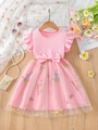Rosa Mädchenkleid mit Rippstrick-Oberteil, Netzstickerei und großer Schleife an der Taille - 110cm / Rosa