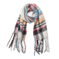 Oversized multi-color plaid scarf with long tassels in white, red, blue and yellow - Beige