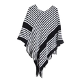 Damen Strickponcho mit schwarz-weißen Streifen, V-Ausschnitt und eleganten langen Fransen - Oberteile / 60-80cm / Schwarz