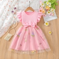 Pink toddler dress with embroidered mesh skirt, butterfly bow, and flutter sleeves - Pink / 100
