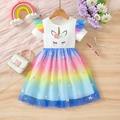 Short sleeve rainbow unicorn dress for girls with 3D floral details and tutu skirt - 90cm / White
