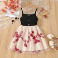 Girls black ribbed tank dress with floral butterfly embroidered mesh tutu skirt - 90cm (1-2 Years) / Black