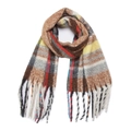 Oversized multi-color plaid scarf with thick fringe in classic earth tone block pattern - Coffee