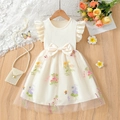 Girls cream butterfly bow dress with flutter sleeves and embroidered mesh skirt - Beige / 100