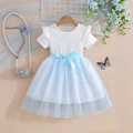 Short-sleeve baby girl princess dress with white ribbed top and blue star mesh skirt - 90cm (1-2 Years) / White