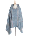 Blue and green plaid hooded poncho cape with fringe tassels on a white background - Tops / 135cm / Blue