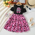 Girls' off-shoulder dress featuring black ribbed top and pink leopard tiered skirt - 90cm / Black Patchwork Pink Leopard