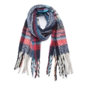 Oversized check scarf in red and blue plaid with thick fringes on a white background - Navy Blue