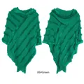 Women's emerald green knitted hooded poncho featuring fringe trim and textured diagonal weave - Green