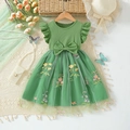 Groene meisjesjurk met vlindermouwen, geborduurde bloemen en grote strik detail - 140cm / Groen