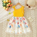 Girls summer floral dress featuring yellow ribbed knit top and rose print tulle skirt - 90cm (1-2 Years) / Yellow