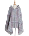 Kapuzen-Poncho-Cape mit grau-rot-blauem Karomuster und Fransen am Saum für Damen - Oberteile / 135cm / Armeegrün