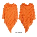 Knitted hooded poncho in vibrant orange featuring long fringes and a V-shaped hemline - Orange