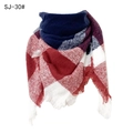 Plaid triangle scarf for women with red, white and blue patterns and fringe edges - Navy Jujube Red Plaid (SJ-30#)