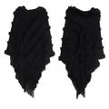 Solid black knitted hooded poncho for women with striped texture and fringe tassels - Black