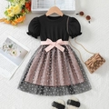 Girls black puff sleeve dress with pink bow belt and glitter heart tulle skirt - 90cm (1-2 Years) / Black (Pink Patchwork)