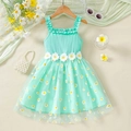 Mint green daisy girl's sundress with ribbed bodice and tiered mesh floral skirt - 90cm / Green