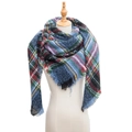 Thick plaid winter scarf with colorful checkered pattern and fringe edges for warmth - 135cm x 135cm / Blue