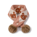 Écharpe en tricot pour enfant rose et blanche avec motif ours et pompons doux - Ours rose