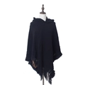 Women's black hooded knitted poncho with fringe tassels and hollow knit details - Tops / 138X132X35+10CM / Hooded Black