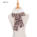 Winter faux rabbit fur scarf in white with a leopard print satin ribbon bow tie - White Camel Leopard