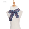 Plush white faux fur scarf with navy blue and brown leopard print satin ribbon bow - White