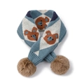 Écharpe en tricot pour enfants à losanges bleu et blanc avec ours brun et pompons - Ours Bleu