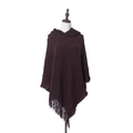 Women's dark brown hooded knit poncho sweater featuring fringe hem details - Tops / 138X132X35+10CM / Hooded Coffee