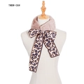 Faux rabbit fur neck warmer scarf with leopard print ribbon bow in dusty pink and brown - Camel