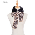Faux rabbit fur neck warmer in black with a stylish leopard print bow tie accent - Black Leopard