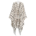 Women's plaid poncho shawl with classic black and white grid patterns and fringe trim - 05# Black White Beige Plaid