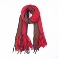 Knitted winter scarf with red, grey, and brown stripes and long tassels on white background - Large: 195x50cm / Red