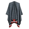 Classic grey plaid knit shawl with striking red and white striped hem and open front style - 01# Black
