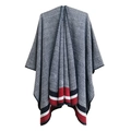 Fashionable grey glen check knit poncho shawl featuring red, white, and navy hem stripes - 02# Gray