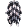 Women's autumn thick plaid poncho wrap with fringes in pink and grey check pattern - Black Pink (SH11-01)