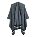Fashionable black and grey plaid knit poncho cape with striped hem for women in winter - 04# Dark Grey