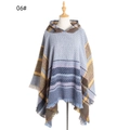 Damesponcho met capuchon in blauw en geel geometrisch ruitpatroon en franjes - 06# Blauw