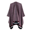 Burgundy checkered knit shawl poncho with striped hem for autumn and winter season - 05# Wine Red
