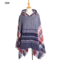 Dames poncho met capuchon in marineblauw, rood en beige Schotse ruit met franjes - 08#donkerblauw