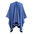 Stylish blue houndstooth knit shawl cape with striped border detail for women - 06# Blue