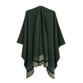 Dark green knitted plaid poncho with fringe detail and grey striped bottom hem - 07# Dark Green