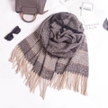 Detailed close-up of striped knit scarf with fringes, grey and beige soft texture - 210cmx70cm / Black