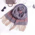 Detail of soft striped knit scarf with beige fringe tassels and fashionable city style - 210cmx70cm / Navy Blue
